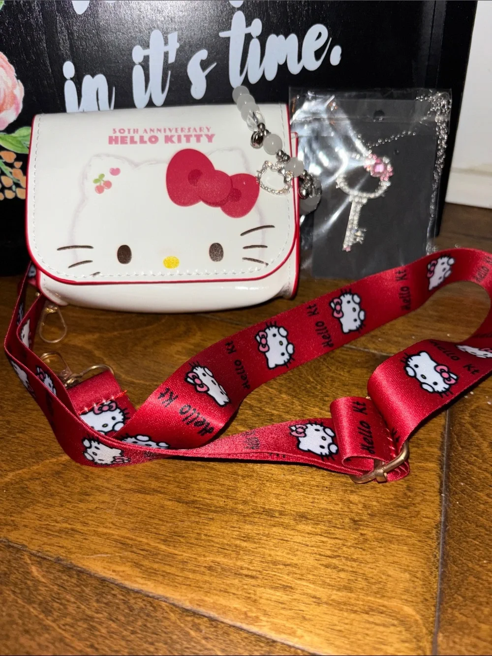 Set of Hello Kitty White Mini Crossbody Bag with Red Lanyard Adjustable Strap